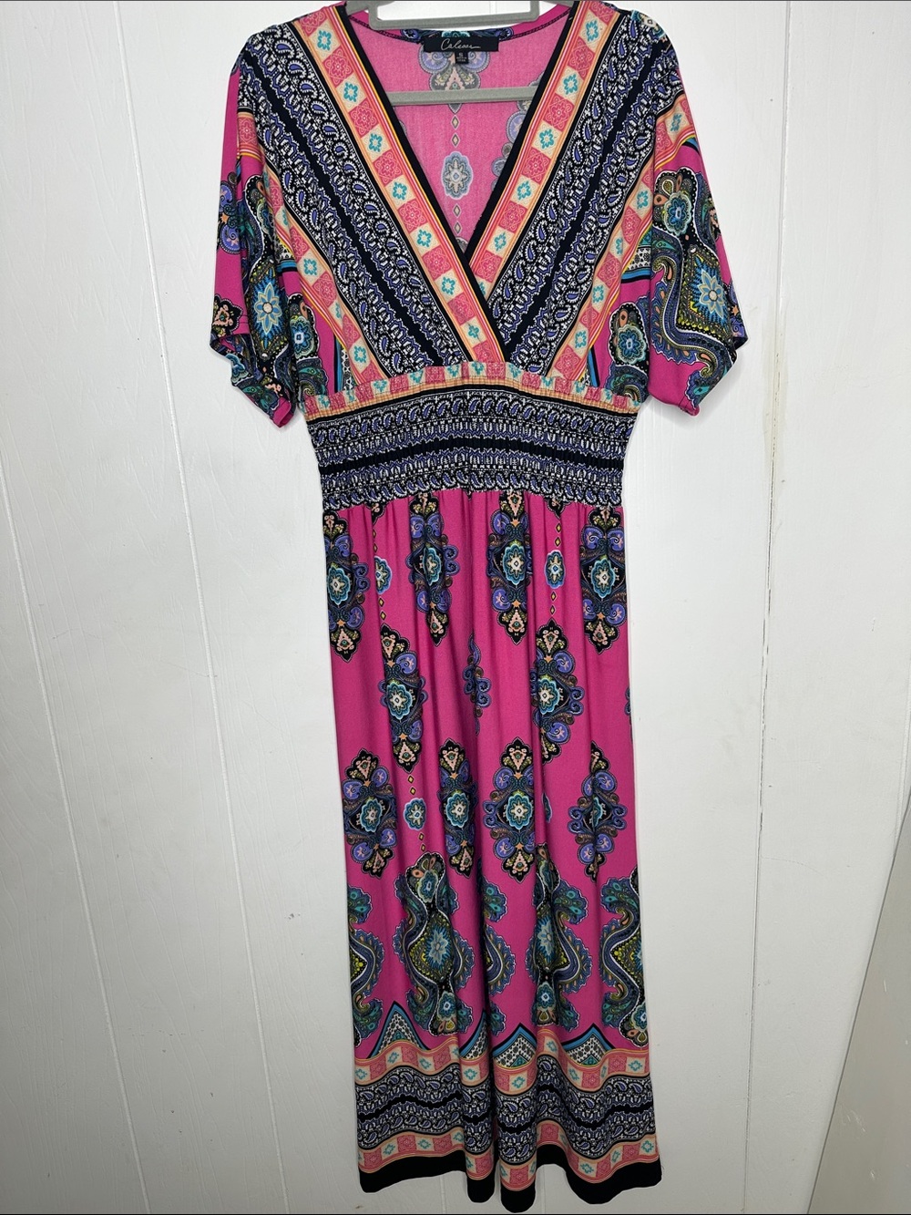 Calessa Fuchsia Paisley-Print Maxi Dress with Smocked Waist